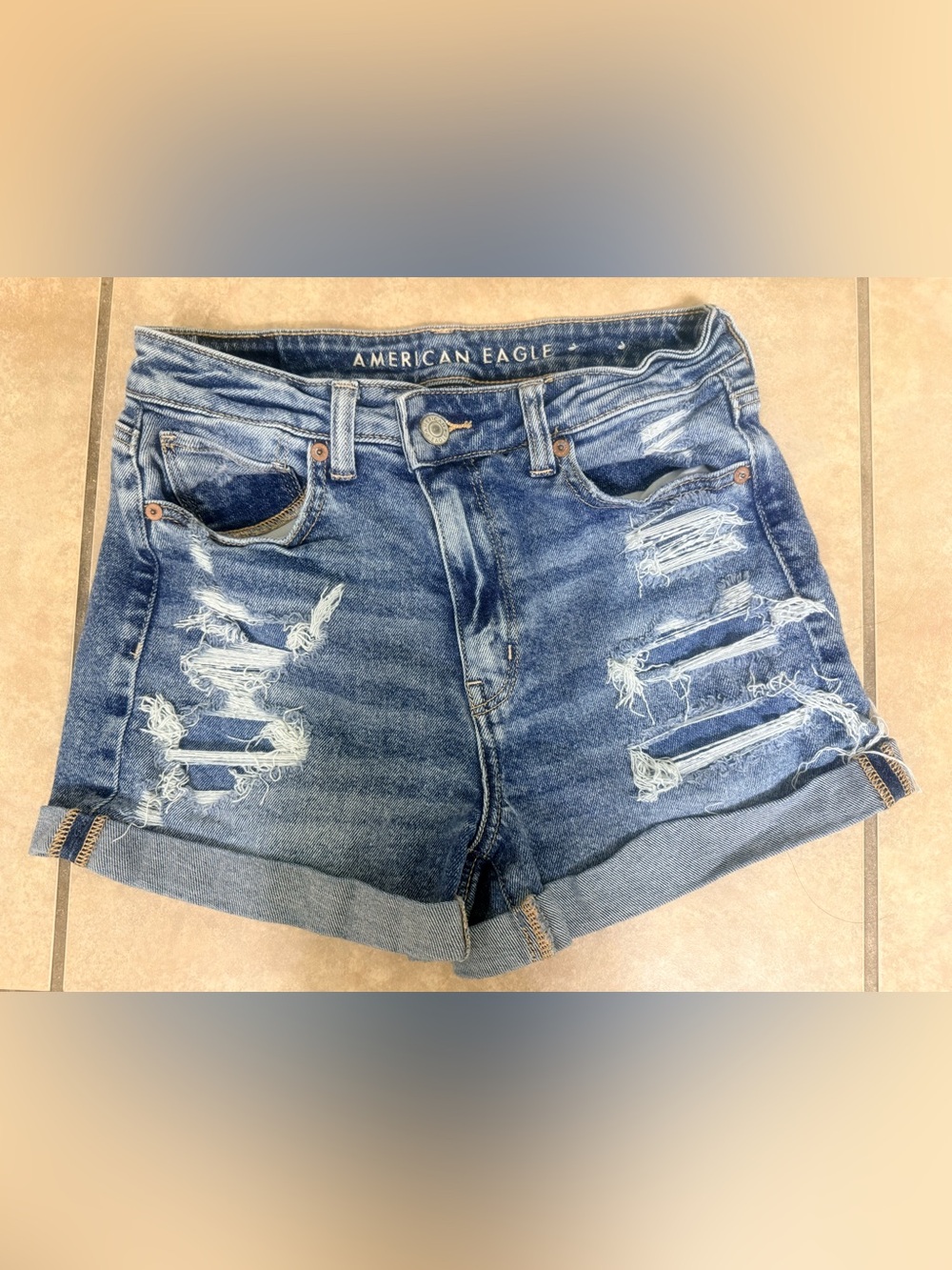 American Eagle Outfitters Ripped Cuffed Denim Shorts - Blue